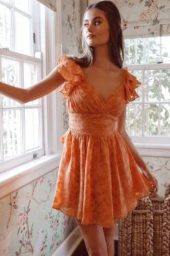 Lola Ruffle Shoulder Ruched Dress Textured Orange -Selfie Leslie Shop KT0034DR09 20ORANGE 7