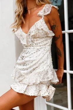 Paparazzi Ruffle Shoulder Sequin Party Dress Champagne -Selfie Leslie Shop KT0060B CHAMPAGNE 4