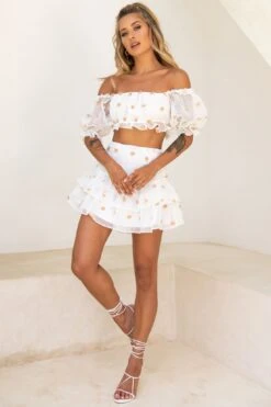 Krista Off-Shoulder Puff Sleeve Pompom Crop Top White/Tan -Selfie Leslie Shop KT0075D T WHITE TAN 2