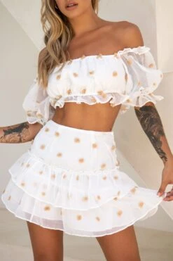 Krista Off-Shoulder Puff Sleeve Pompom Crop Top White/Tan -Selfie Leslie Shop KT0075D T WHITE TAN 4