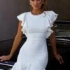Cupid's Bow Ruffle Shoulder Bodycon Dress White 2 Cupid's Bow Ruffle Shoulder Bodycon Dress White -Selfie Leslie Shop KT0132B 20WHITE 1