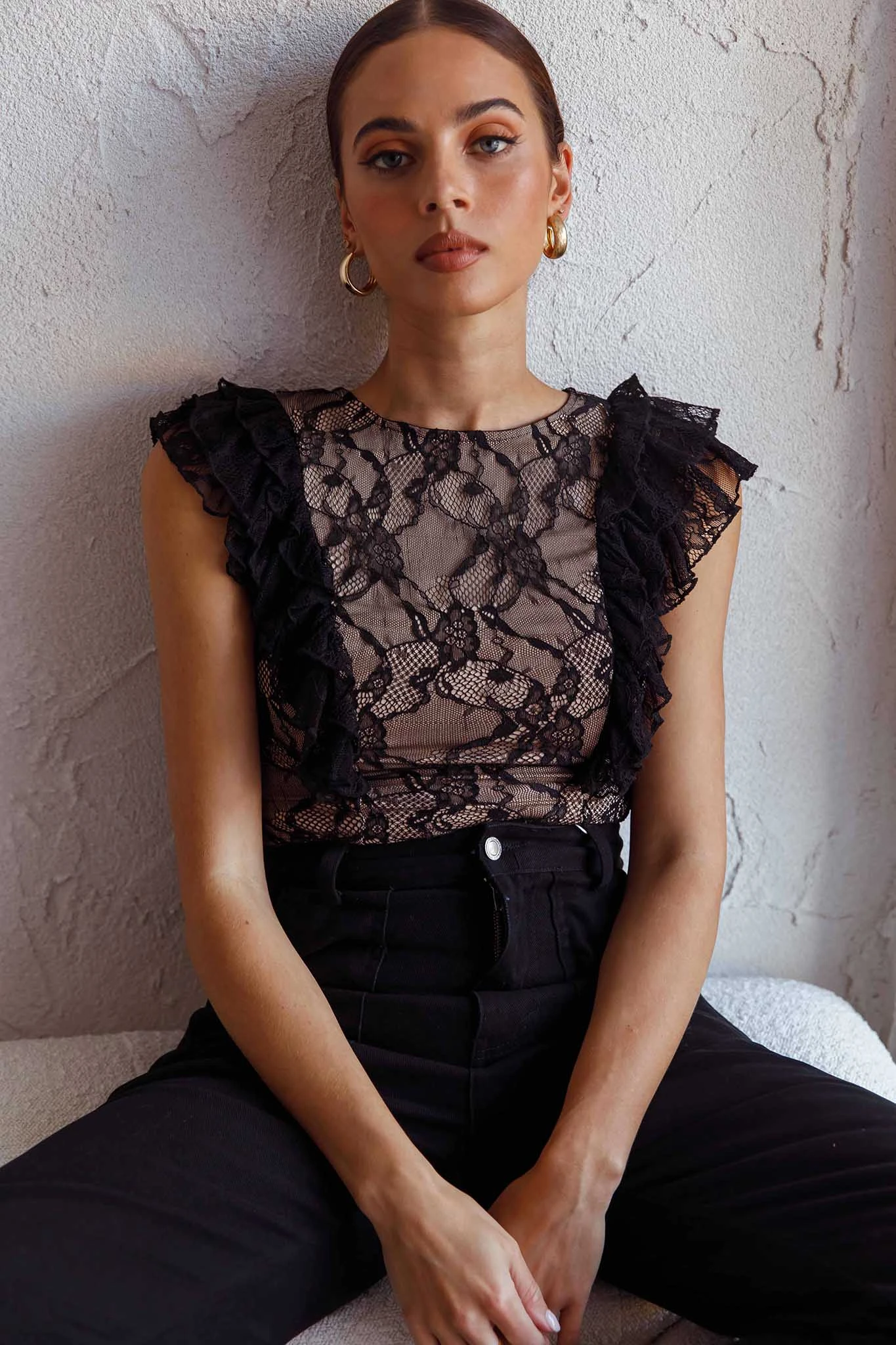 Spring Fling Frill Trim Lace Bodysuit Black 3 Spring Fling Frill Trim Lace Bodysuit Black