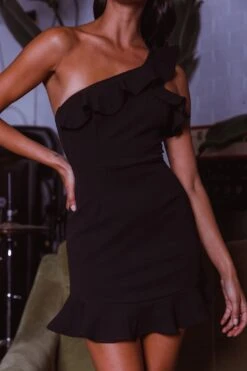 Over The Rainbow One-Shoulder Ruffle Trimmed Mini Dress Black -Selfie Leslie Shop ME0021D 20BLACK 4