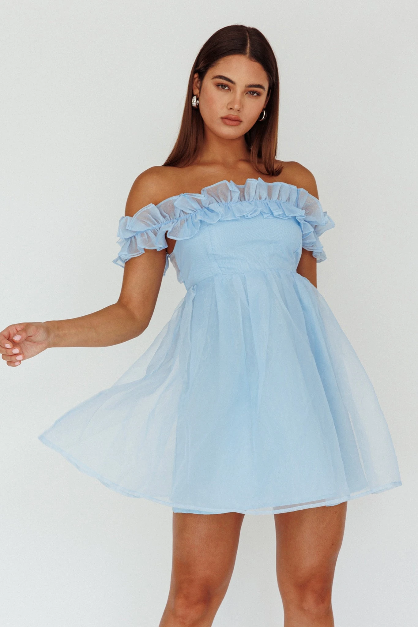 Dreamers Off-Shoulder Frill Mini Dress Light Blue 3 Dreamers Off-Shoulder Frill Mini Dress Light Blue