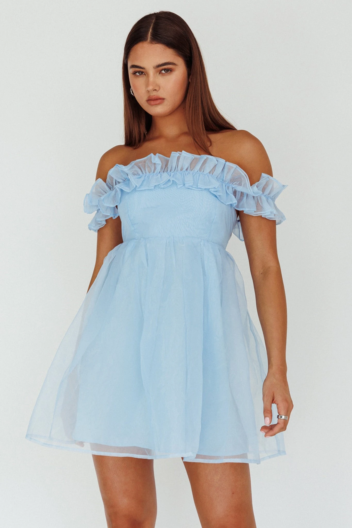 Dreamers Off-Shoulder Frill Mini Dress Light Blue 8 Dreamers Off-Shoulder Frill Mini Dress Light Blue - Image 6