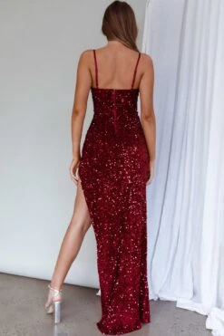 Adriana Thigh Split Sequin Maxi Dress Burgundy -Selfie Leslie Shop SLBJ23168BURGUNDY 3