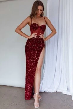 Adriana Thigh Split Sequin Maxi Dress Burgundy -Selfie Leslie Shop SLBJ23168BURGUNDY 6