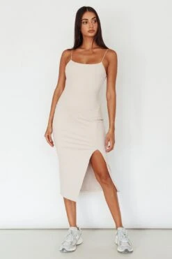 In My Element Split Midi Dress Oatmeal -Selfie Leslie Shop SLDD6679FO 20OATMEAL 2