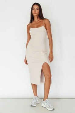 In My Element Split Midi Dress Oatmeal -Selfie Leslie Shop SLDD6679FO 20OATMEAL 6