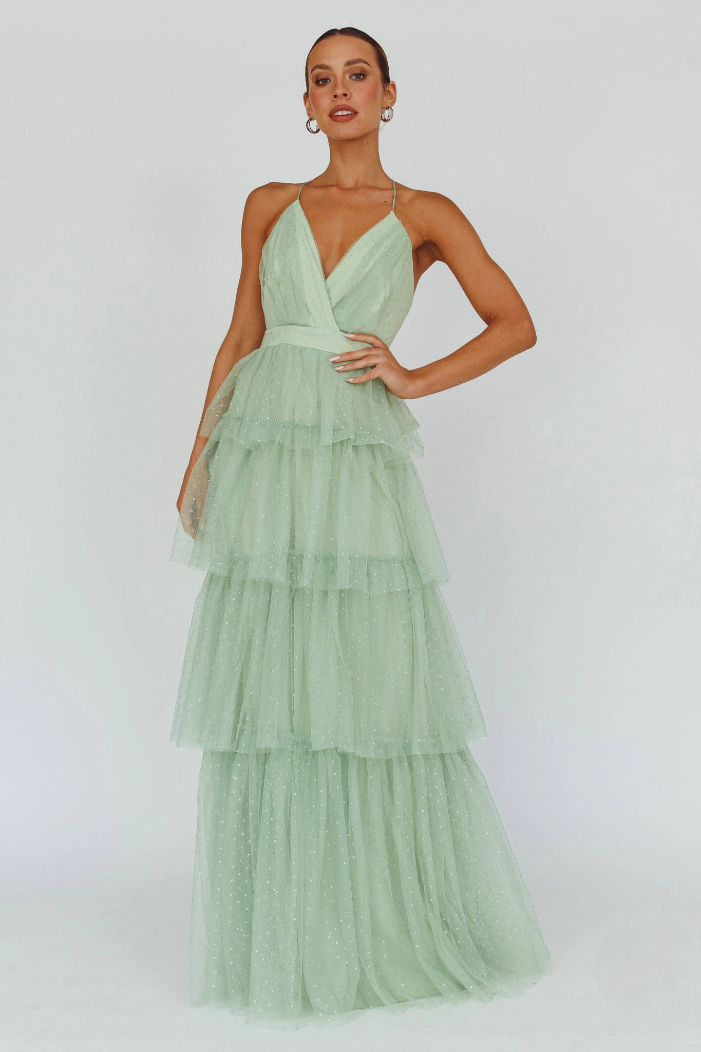 Seylah Tiered Frill Maxi Dress Glitter Sage 3 Seylah Tiered Frill Maxi Dress Glitter Sage