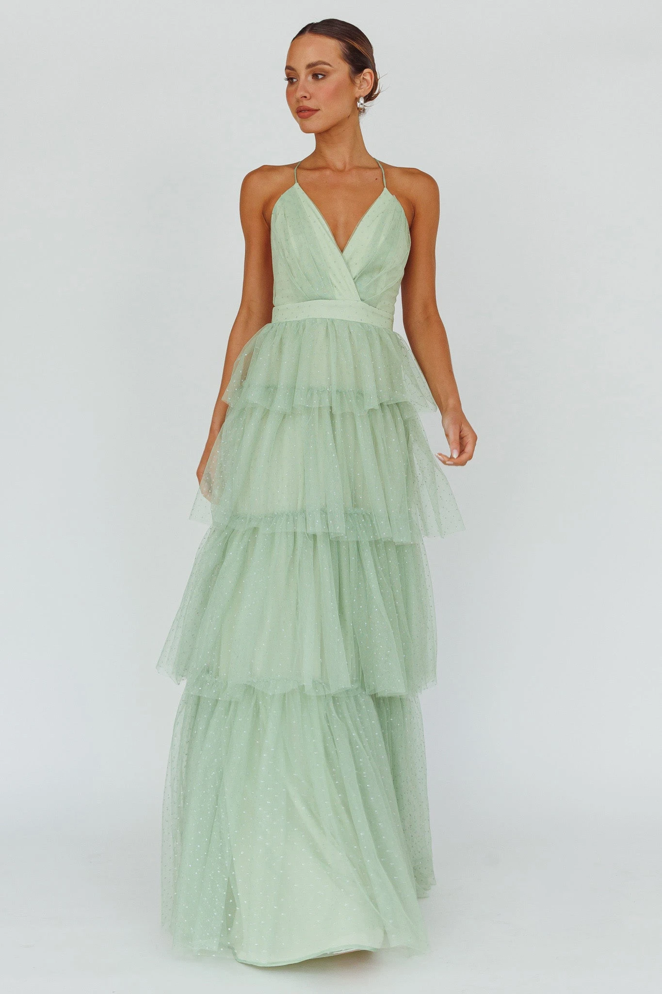 Seylah Tiered Frill Maxi Dress Glitter Sage 5 Seylah Tiered Frill Maxi Dress Glitter Sage - Image 3