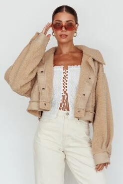 Kya Button Front Shearling Jacket Khaki -Selfie Leslie Shop SLJK8942 20KHAKI 5