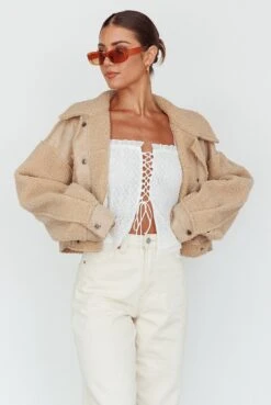 Kya Button Front Shearling Jacket Khaki -Selfie Leslie Shop SLJK8942 20KHAKI 6