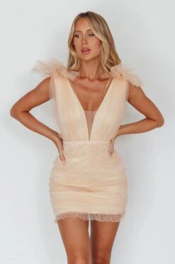 Ludivine Shoulder Accent Mesh Mini Dress Champagne -Selfie Leslie Shop SLLD9027 20CHAMPAGNE 2