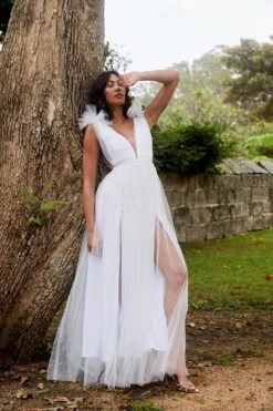 Ludivine Shoulder Accent Mesh Midi Dress Glitter White -Selfie Leslie Shop SLLD9028 20WHITE 2