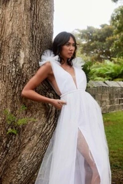 Ludivine Shoulder Accent Mesh Midi Dress Glitter White -Selfie Leslie Shop SLLD9028 20WHITE 5