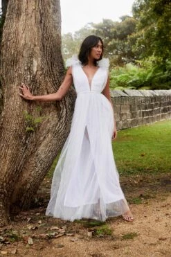 Ludivine Shoulder Accent Mesh Midi Dress Glitter White -Selfie Leslie Shop SLLD9028 20WHITE 6