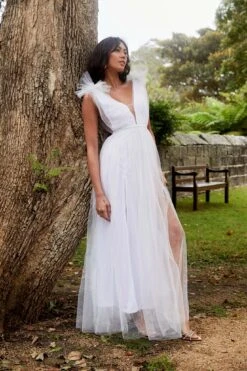 Ludivine Shoulder Accent Mesh Midi Dress Glitter White -Selfie Leslie Shop SLLD9028 20WHITE featured