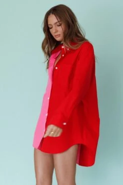Blanca Long Sleeve Button-Up Shirt Pink/Red -Selfie Leslie Shop SLMB9409 20PINK RED 5