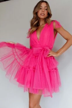 Lyra Spotted Tulle Mini Dress Hot Pink 16 Lyra Spotted Tulle Mini Dress Hot Pink -Selfie Leslie Shop SLMD3106A 20HOT 20PINK 6