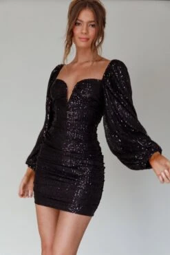 Jayde Balloon Sleeve Sequin Mini Dress Black 15 Jayde Balloon Sleeve Sequin Mini Dress Black -Selfie Leslie Shop SLMD7557A 20BLACK 6