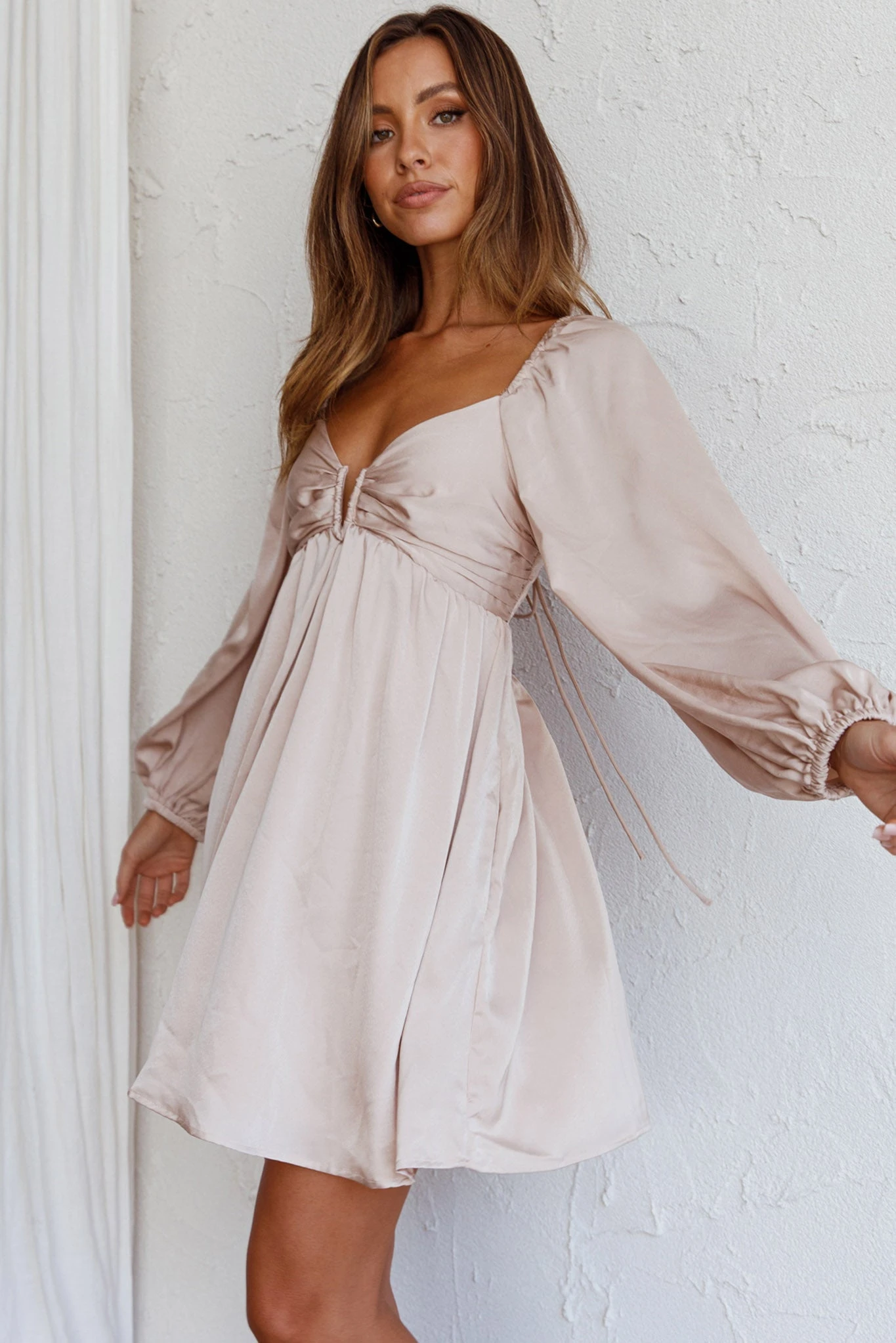 Tansy Long Sleeve Babydoll Dress Beige 7 Tansy Long Sleeve Babydoll Dress Beige - Image 5
