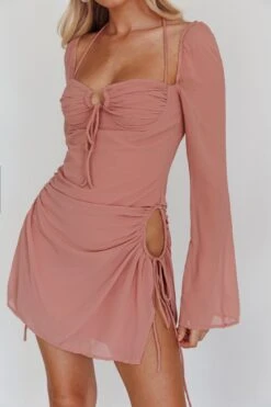Etta Drawstring Long Sleeve Mini Dress Blush -Selfie Leslie Shop SLS4917D 20BLUSH 4