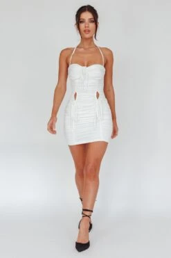 Harli Ruched Drawstring Keyhole Mini Dress White 10 Harli Ruched Drawstring Keyhole Mini Dress White -Selfie Leslie Shop SLS5370D 20WHITE 2
