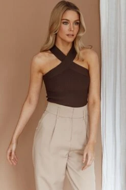 Kansas Crossover Neck Knit Top Brown 16 Kansas Crossover Neck Knit Top Brown -Selfie Leslie Shop SLSWT7470 20BROWN 7