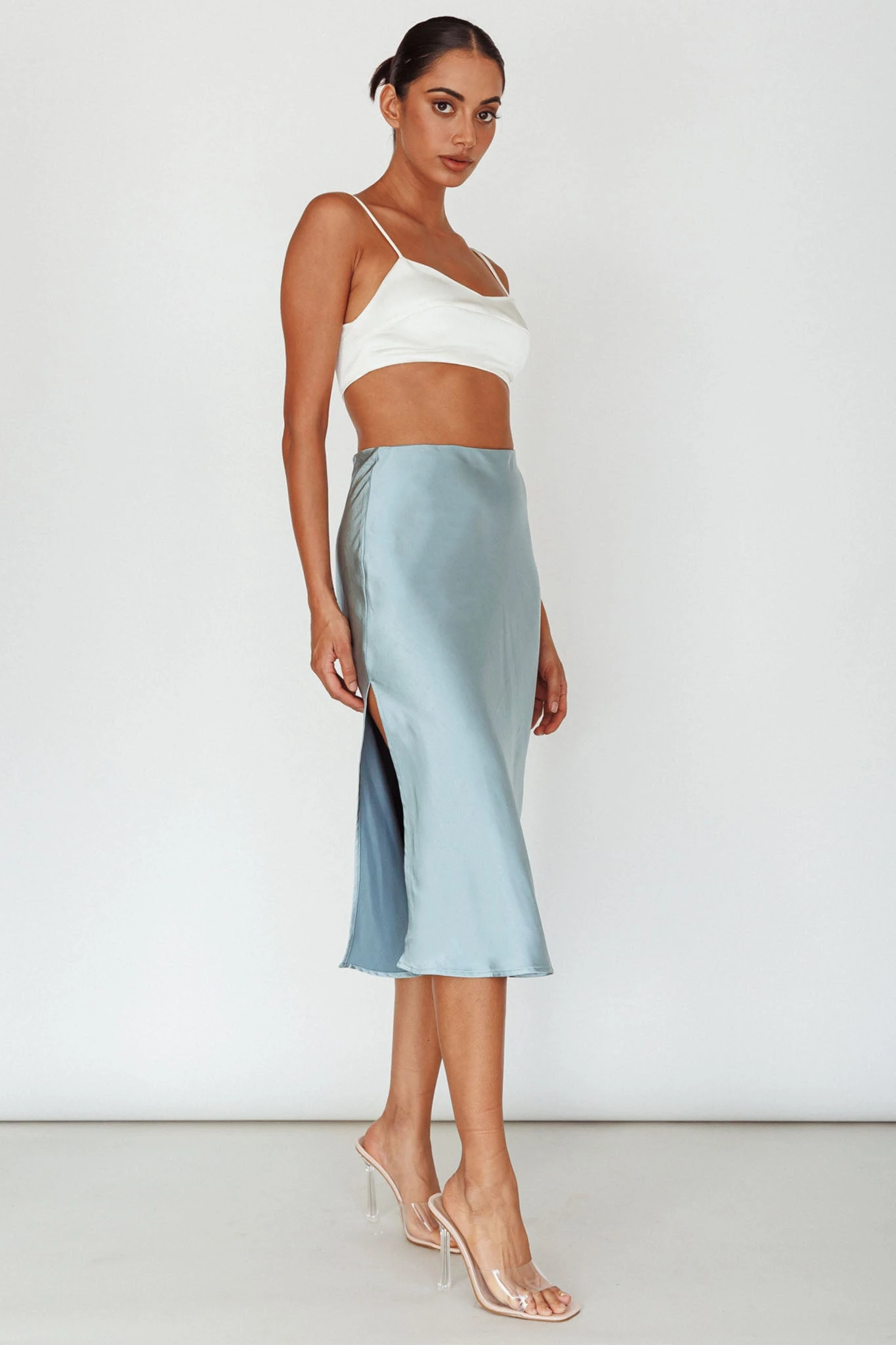 Daze Satin Midi Skirt Light Blue 3 Daze Satin Midi Skirt Light Blue