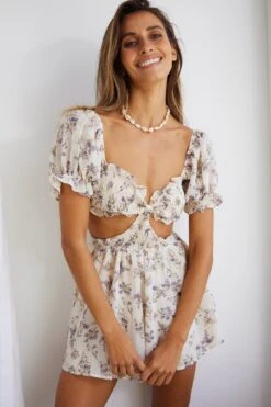 Ines Shirred Puff Sleeve Buckle Back Romper Floral Print White -Selfie Leslie Shop SR0002J06 WHITE 4