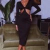 Acapulco Long Sleeve Cut-Out Waist Side Split Midi Dress Black