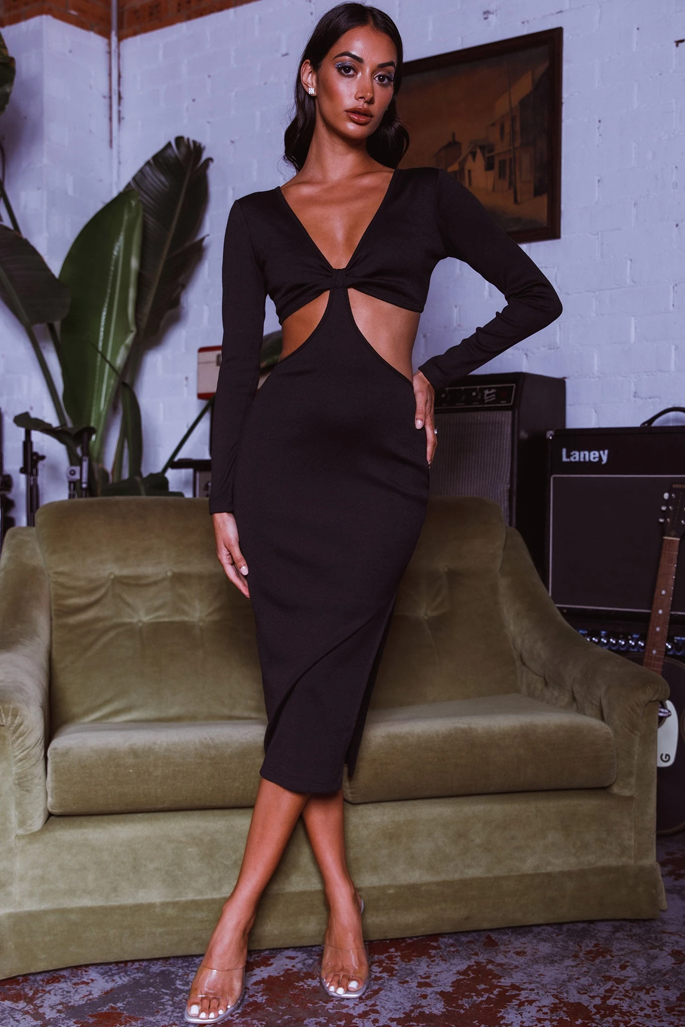 Acapulco Long Sleeve Cut-Out Waist Side Split Midi Dress Black 3 Acapulco Long Sleeve Cut-Out Waist Side Split Midi Dress Black