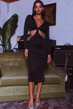 Acapulco Long Sleeve Cut-Out Waist Side Split Midi Dress Black 15 Acapulco Long Sleeve Cut-Out Waist Side Split Midi Dress Black -Selfie Leslie Shop SR0002J 20BLACK 6