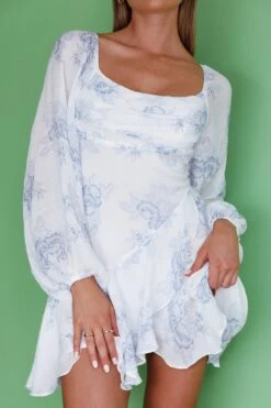 Beaujolais Long Sleeve Cowl Neckline Ruffle Mini Dress Floral Blue 19 Beaujolais Long Sleeve Cowl Neckline Ruffle Mini Dress Floral Blue -Selfie Leslie Shop SR0086D01 20BLUE 9