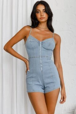 Lyric Cami Strap Zipper Front Romper Denim Blue -Selfie Leslie Shop SR0120D 20DENIM 20BLUE 4