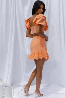 New Moon Ruffle Trim Puff Sleeve Eyelet Crop Top Orange -Selfie Leslie Shop SR0155J TORANGE 3