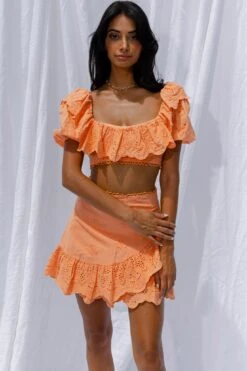 New Moon Ruffle Trim Puff Sleeve Eyelet Crop Top Orange -Selfie Leslie Shop SR0155J TORANGE 4