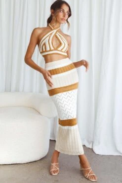 Higher Love Knit Maxi Skirt Striped Camel -Selfie Leslie Shop SR0162B S 20CAMEL 6