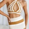 Higher Love Knit Halterneck Crop Top Striped Camel -Selfie Leslie Shop SR0162B T 20CAMEL 1