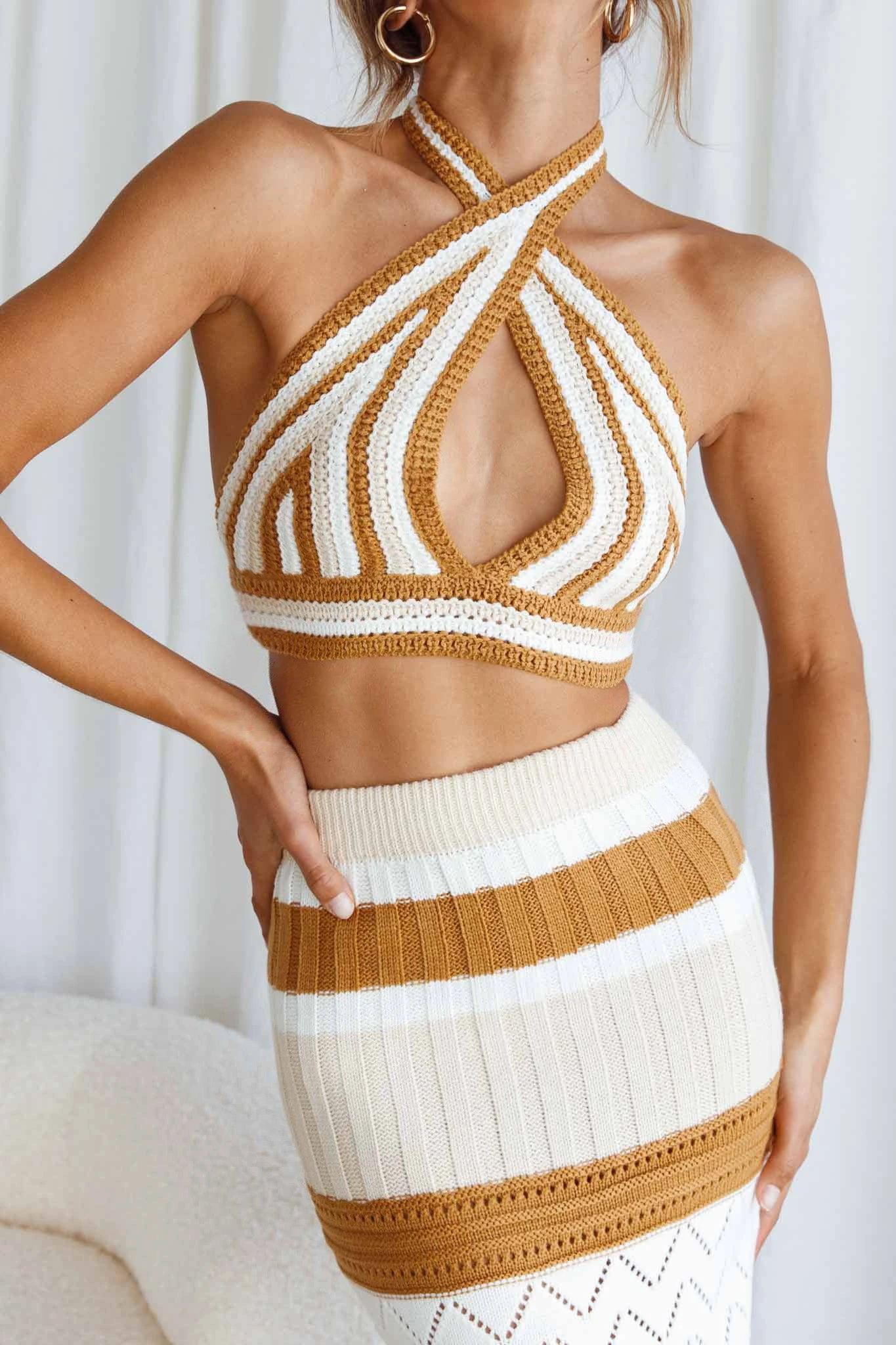 Higher Love Knit Halterneck Crop Top Striped Camel 3 Higher Love Knit Halterneck Crop Top Striped Camel
