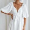 Always Dreaming Puff Sleeve Structured V-Neckline Mini Dress White 2 Always Dreaming Puff Sleeve Structured V-Neckline Mini Dress White -Selfie Leslie Shop SR0181J WHITE 1
