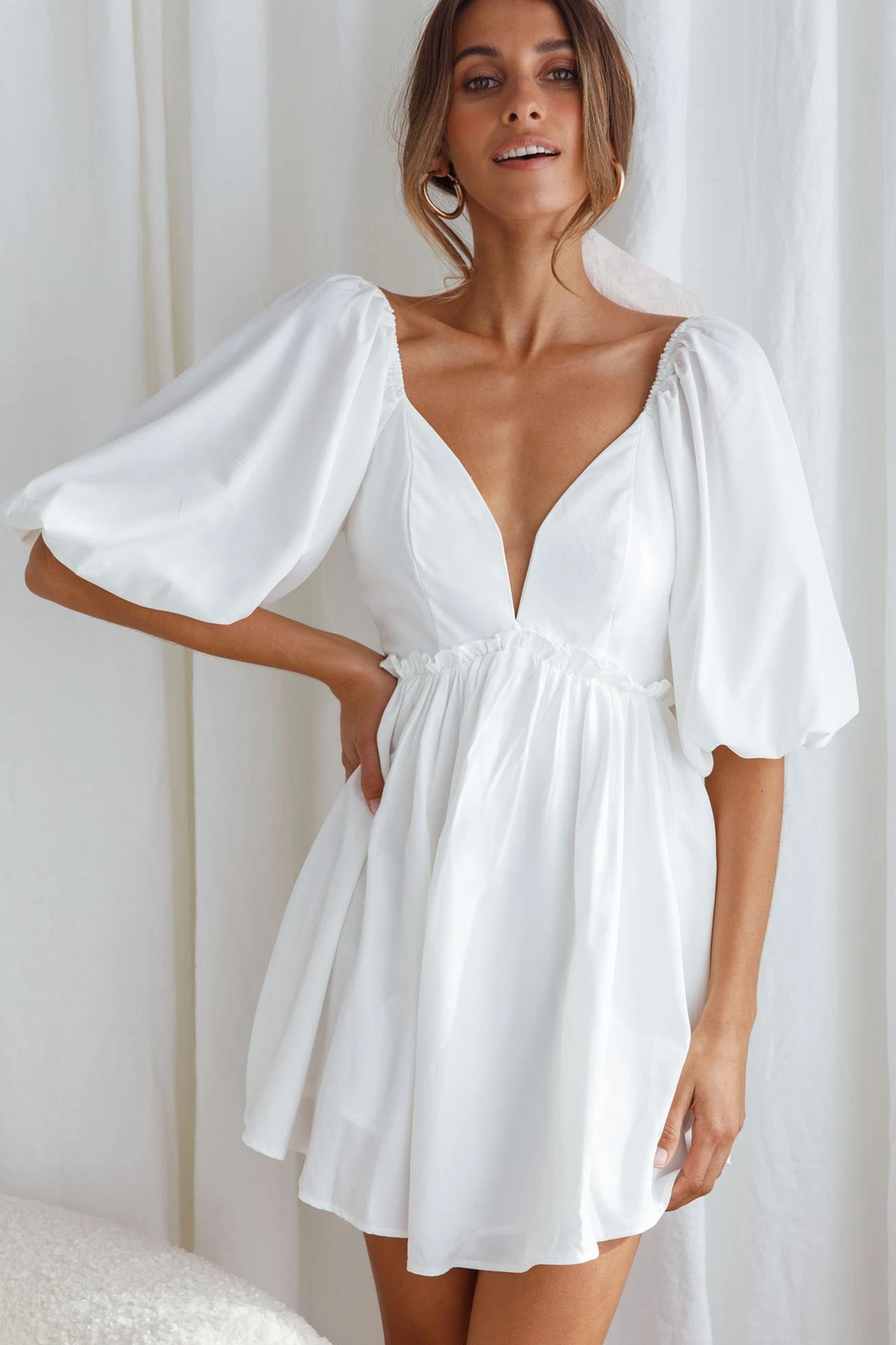 Always Dreaming Puff Sleeve Structured V-Neckline Mini Dress White 3 Always Dreaming Puff Sleeve Structured V-Neckline Mini Dress White