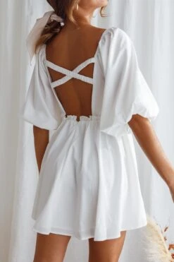 Always Dreaming Puff Sleeve Structured V-Neckline Mini Dress White 14 Always Dreaming Puff Sleeve Structured V-Neckline Mini Dress White -Selfie Leslie Shop SR0181J WHITE 6