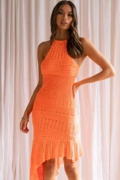 Goddess Halterneck Asymmetrical Hem Crochet Midi Dress Orange 14 Goddess Halterneck Asymmetrical Hem Crochet Midi Dress Orange -Selfie Leslie Shop SR0333J 20ORANGE 4