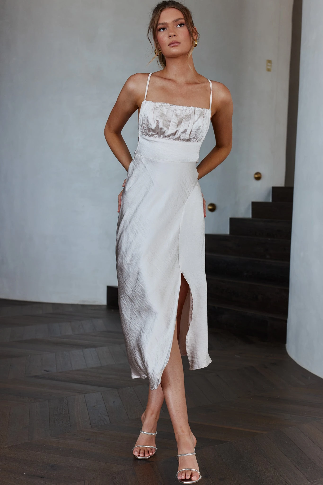 Lakoda Gathered Bust Bow Tie Back Midi Dress Champagne 8 Lakoda Gathered Bust Bow Tie Back Midi Dress Champagne - Image 6