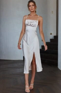 Lakoda Gathered Bust Bow Tie Back Midi Dress Champagne 17 Lakoda Gathered Bust Bow Tie Back Midi Dress Champagne -Selfie Leslie Shop SR0360B 20CHAMPAGNE 8