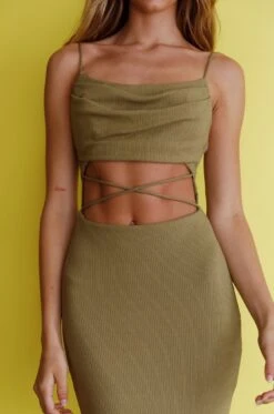 Crazy In Love Cowl Neck Cut-Out Waist Midi Dress Olive -Selfie Leslie Shop SR0387D 20OLIVE 4