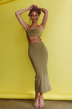Crazy In Love Cowl Neck Cut-Out Waist Midi Dress Olive -Selfie Leslie Shop SR0387D 20OLIVE 6