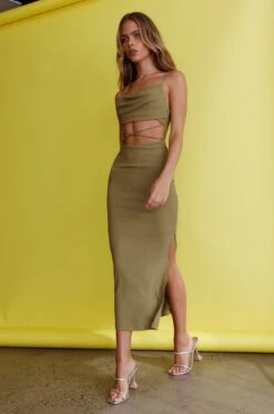 Crazy In Love Cowl Neck Cut-Out Waist Midi Dress Olive -Selfie Leslie Shop SR0387D 20OLIVE 7